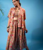 Tan floral shirt, smocked tube top & flowy skirt co-ord set