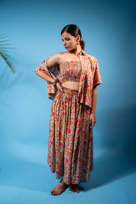 Tan floral shirt, smocked tube top & flowy skirt co-ord set 2