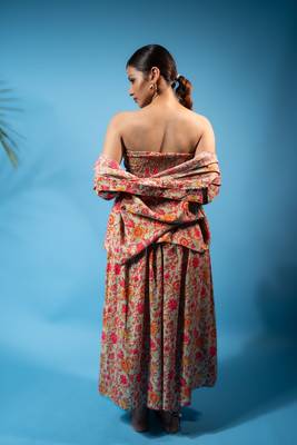 Tan floral shirt, smocked tube top & flowy skirt co-ord set 3