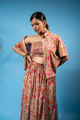 Tan floral shirt, smocked tube top & flowy skirt co-ord set 4