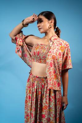 Tan floral shirt, smocked tube top & flowy skirt co-ord set 5