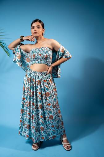 Sky blue floral shirt, smocked tube top & flowy skirt co-ord set