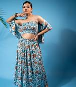 Sky blue floral shirt, smocked tube top & flowy skirt co-ord set