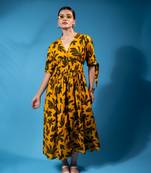 Olive green tropical print v-neck button-front midi dress