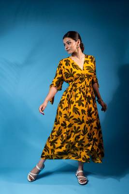 Olive green tropical print v-neck button-front midi dress 2