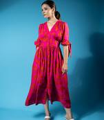 Dark pink tropical print v-neck button-front midi dress
