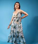 Grey jungle print smocked back maxi dress