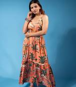 Peach jungle print smocked back maxi dress