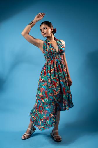 Tropical halter ruffle hem dress – parrot green