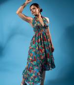 Tropical halter ruffle hem dress – parrot green