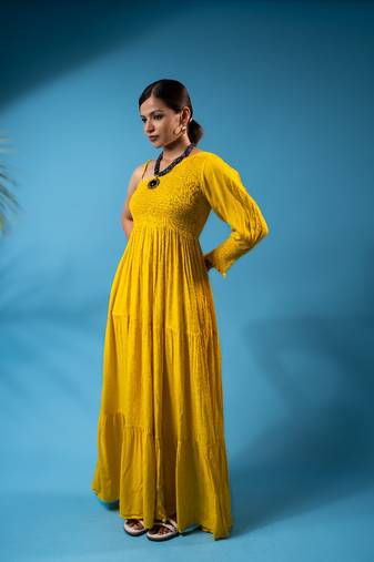 Asymmetric one-shoulder maxi dress – mustard yellow