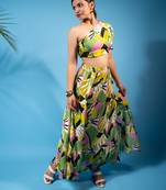 one-shoulder abstract print co-ord set – multi green
