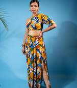 one-shoulder abstract print co-ord set – multi brown