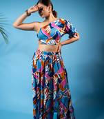 one-shoulder abstract print co-ord set – multi blue
