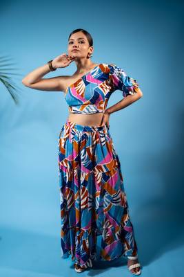 one-shoulder abstract print co-ord set – multi blue 2