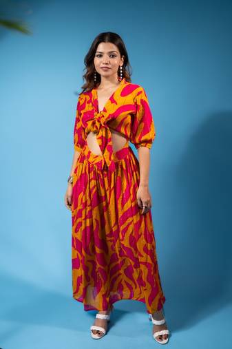 tropical swirl tie-front crop top & skirt co-ord set – pink & mustard