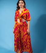 tropical swirl tie-front crop top & skirt co-ord set – pink & mustard