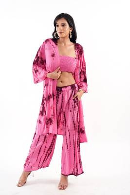 Pink tie-dye shrug & pant co-ord set with solid tube top 1