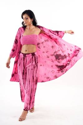 Pink tie-dye shrug & pant co-ord set with solid tube top 2