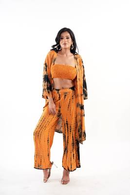Brown tie-dye shrug & pant co-ord set with solid tube top 1