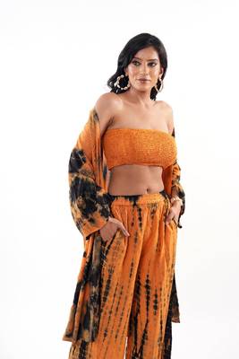Brown tie-dye shrug & pant co-ord set with solid tube top 5