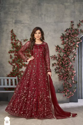 Maroon embroidered net anarkali suit