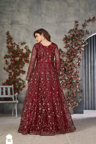 Maroon embroidered net anarkali suit
