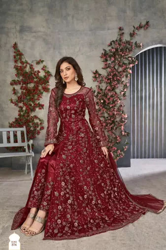 Maroon embroidered net anarkali suit