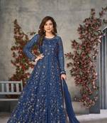Blue embroidered net semi stitched anarkali suit