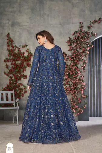 Blue embroidered net anarkali suit