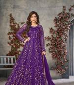 Purple embroidered net semi stitched anarkali suit
