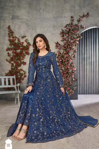 Blue embroidered net anarkali suit