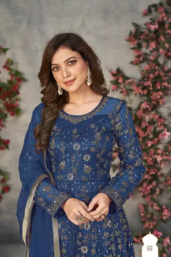 Blue embroidered net anarkali suit
