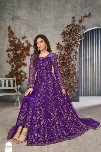 Purple embroidered net anarkali suit