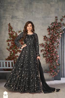 Black embroidered net anarkali suit 1