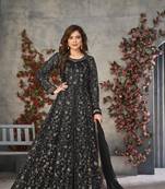 Black embroidered net semi stitched anarkali suit