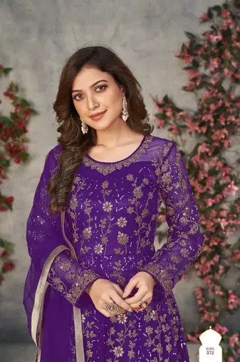 Purple embroidered net anarkali suit