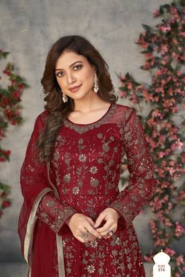 Maroon embroidered net anarkali suit 1