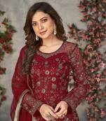 Maroon embroidered net semi stitched anarkali suit
