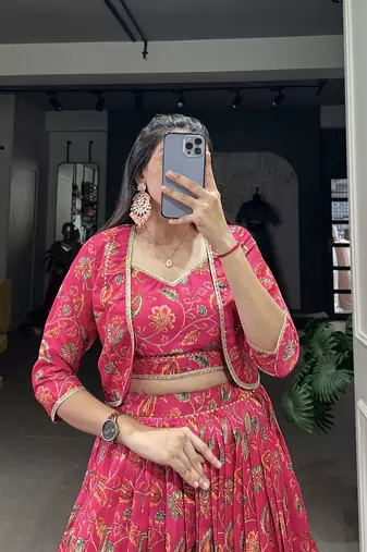 Pink Tussar Silk Lace Touch Up free size Lehenga Choli