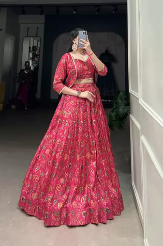 Pink Tussar Silk Lace Touch Up free size Lehenga Choli