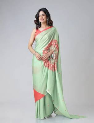 mint green & coral freehand floral print pre-stitched saree 1