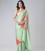 Mint Green & Coral Freehand Floral Print Ready to Wear Saree with Unstitched blouse
