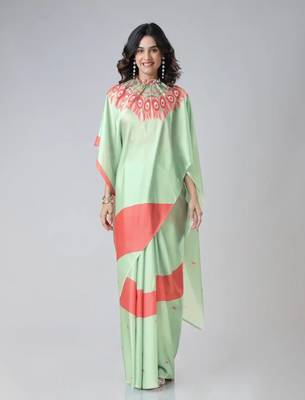 mint green & coral freehand floral print pre-stitched saree 2