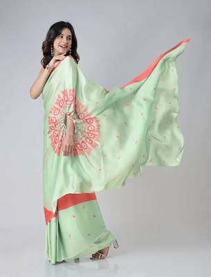 mint green & coral freehand floral print pre-stitched saree 3