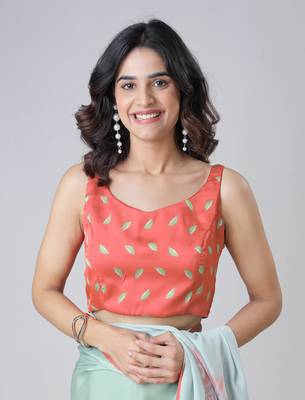 mint green & coral freehand floral print pre-stitched saree 5