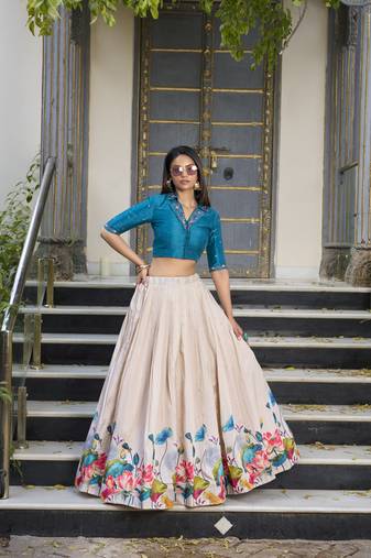 Teal Off white Tussar Silk Floral Print free size Lehenga Choli 