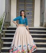 Teal Off white Tussar Silk Floral Print free size Lehenga Choli 