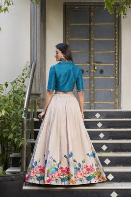 Teal Off white Tussar Silk Floral Print free size Lehenga Choli  3