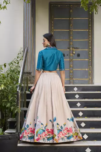Teal Off white Tussar Silk Floral Print free size Lehenga Choli 